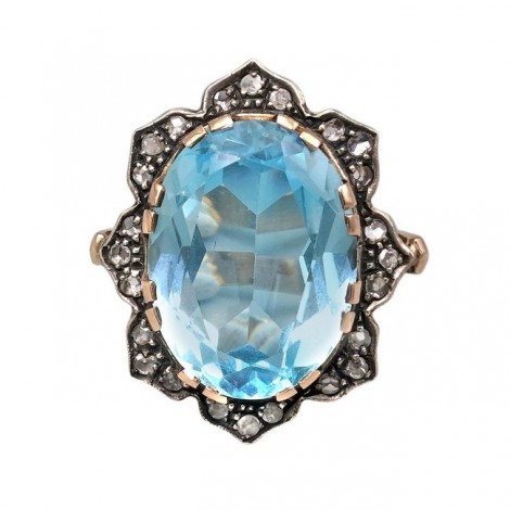 Spectaculos inel  autentic Art Deco manufacturat în aur roz 14k și argint decorat cu diamante și topaz natural 21.16 ct | cca. 1925