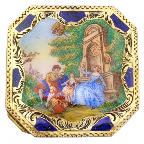 Veche pudrieră din argint aurit, intarsiat cu lapis-lazuli și pictat cu email cloisonne în manieră Fragonard | cca. 1920 - 1930