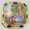 Veche pudrieră din argint aurit, intarsiat cu lapis-lazuli și pictat cu email cloisonne în manieră Fragonard | cca. 1920 - 1930