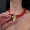 Colier Egyptian Revival  multistrand de coral roșu natural cu diamante naturale în montură în aur 18k | cca. 1970