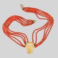 Colier Egyptian Revival  multistrand de coral roșu natural cu diamante naturale în montură în aur 18k | cca. 1970