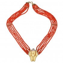 Colier Egyptian Revival  multistrand de coral roșu natural cu diamante naturale în montură în aur 18k | cca. 1970