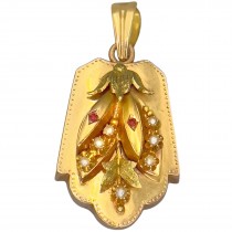 Pandant locket victorian din aur 14k decorat cu perluțe seeds și rubine | cca. 1870 -1880