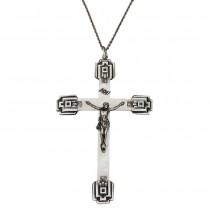 Colier din accesorizat un impresionant crucifix monastic de perioadă Art Deco  | argint & sidef natural | Franța cca 1930