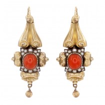Cercei victorieni din aur 14 k decorați cu perle naturale și coral roșu | Franța cca.1870